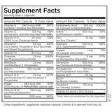 Text listing the ingredients including Vitamin A, Vitamin C, Vitamin D-3, Vitamin E, Ascorbyl Palmitate, D-Alpha Tocopheryl, Vitamin K1, Thiamine, Riboflavin, Niacin, Niacinamide, Vitamin b6, Pyridoxine HCI, Pyridoxal 5 Phosphate, Folate, l-5-Methylfolate, Vitamin b12, Methylcobalamin, Biotin, Pantothenic acid, Iodine, Zinc citrate, Copper Gluconate, Manganese glycinate, Chromium, Molybdenum, Betaine HCl, Boron, Vanadium, Vitamin k2