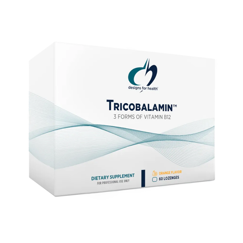 Image of a supplement box that says designs for health Tricobalain 3 forms of vitamin B12 dietary supplement oragnge flavour 60 lozenges