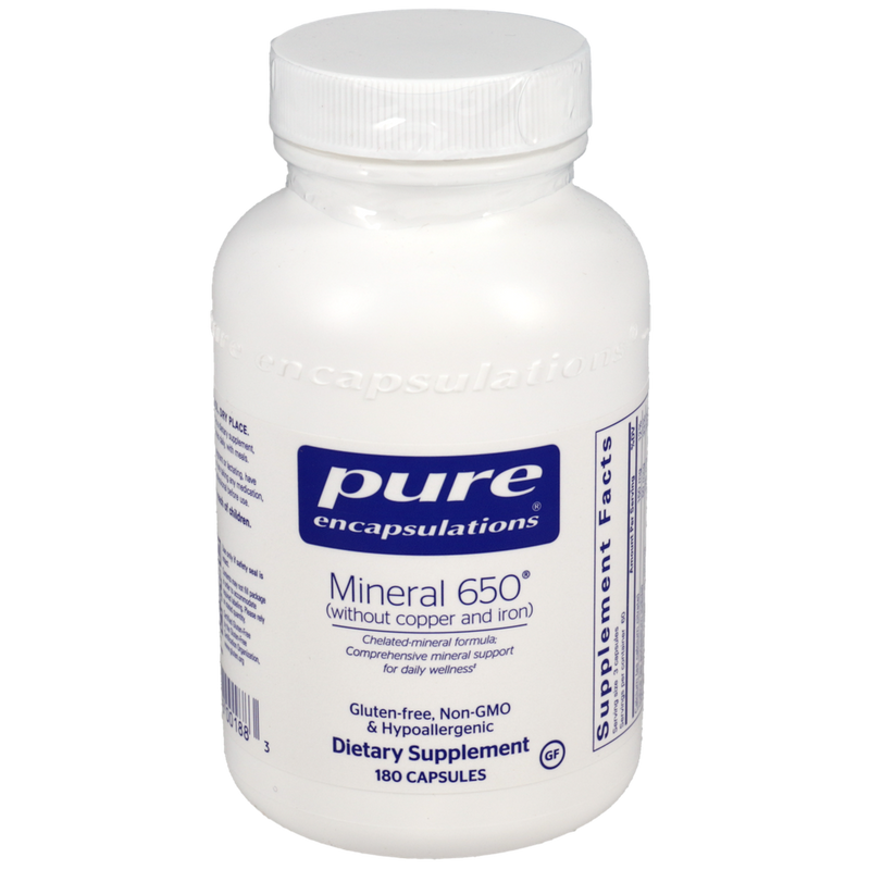 A  Supplement container with the name Mineral 650 (without Copper & Iron) by Pure Encapulations.