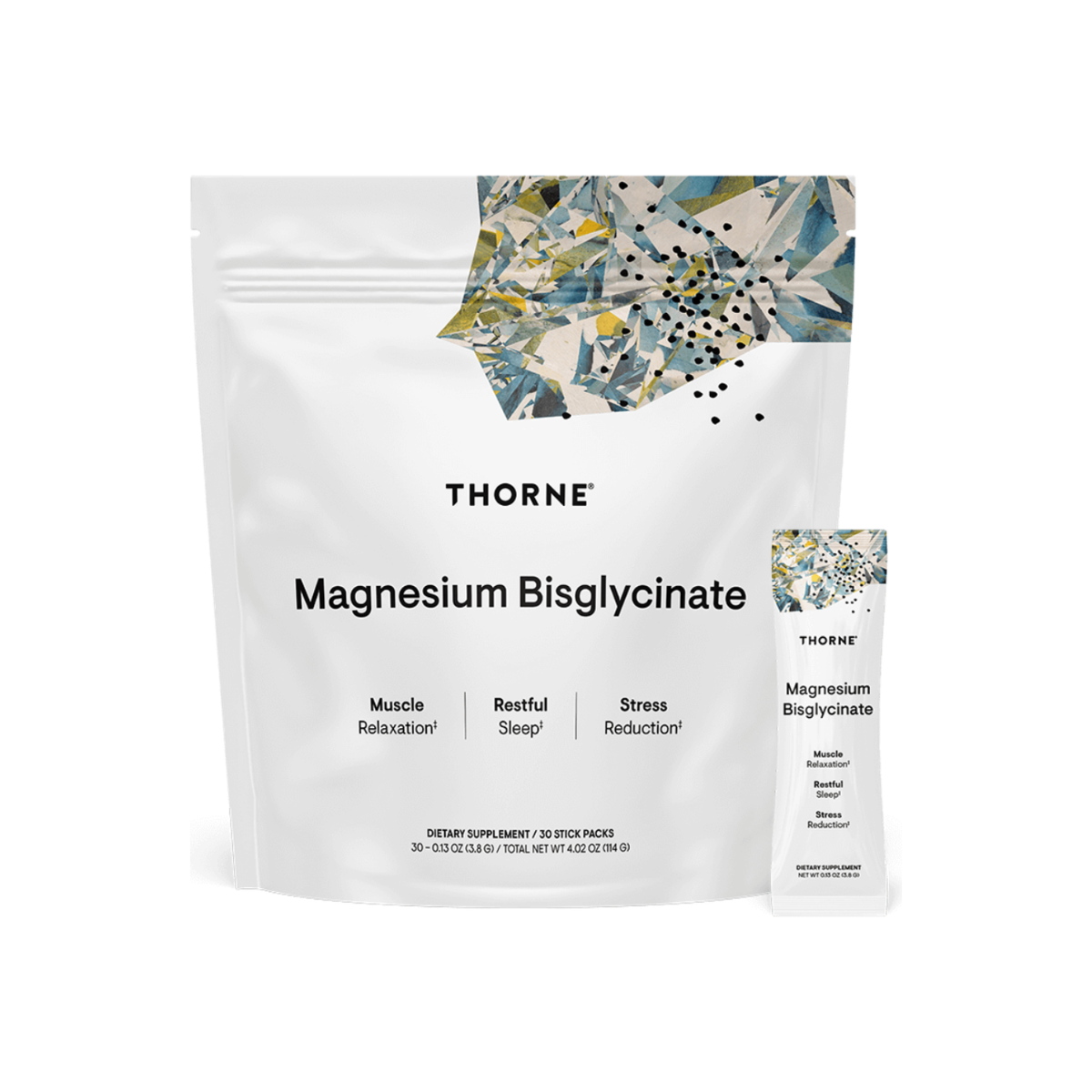 A bag of 30 stick packs with the name Magnesium Bisglycinate by Thorne.
