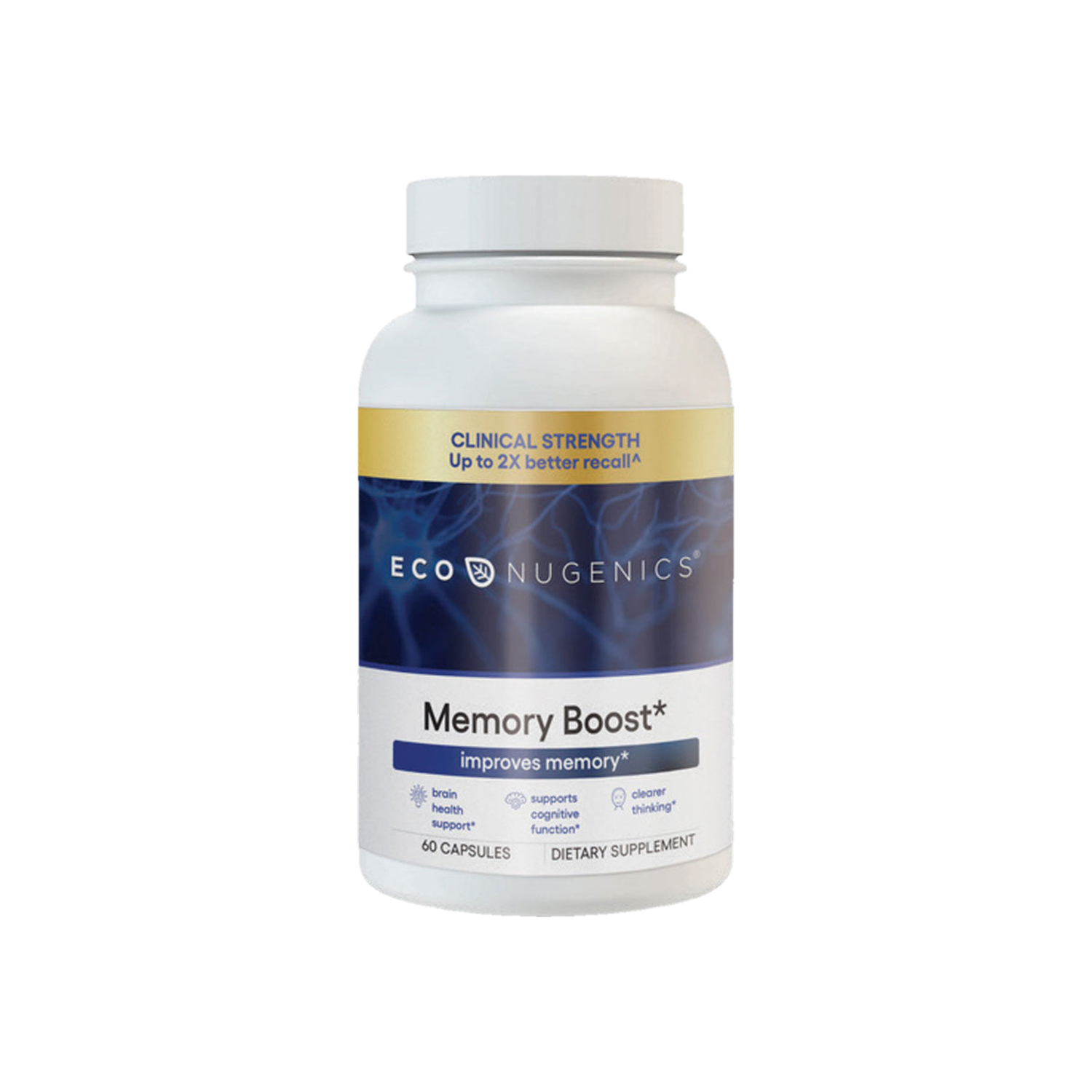 A Supplement container with the name Memory Boost by Eco Nugenics.