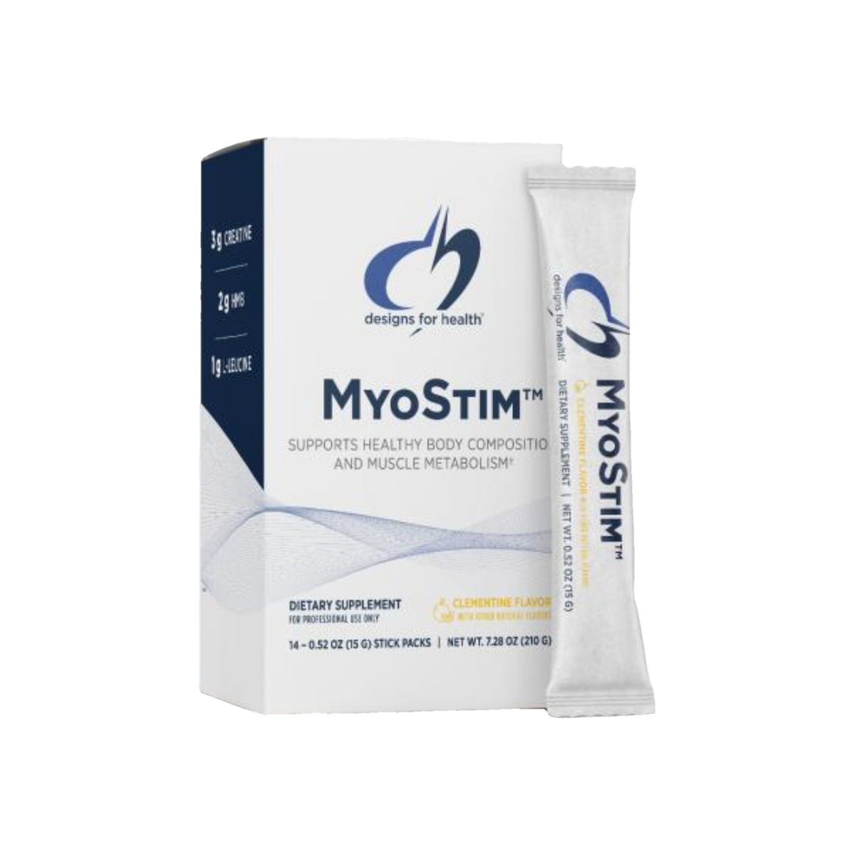 A Supplement box with 14 sticks with the name MyoStim by Designs for Health USA.