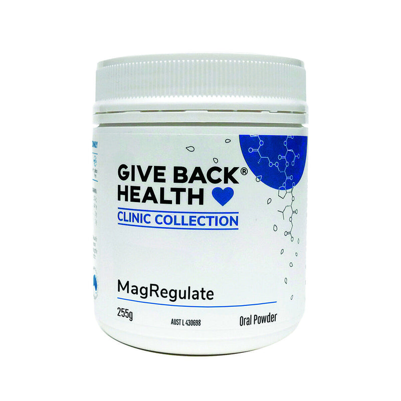 Image of a white supplement bottle taht says give back health cliic collection MagRegulate 255g Oral Powder