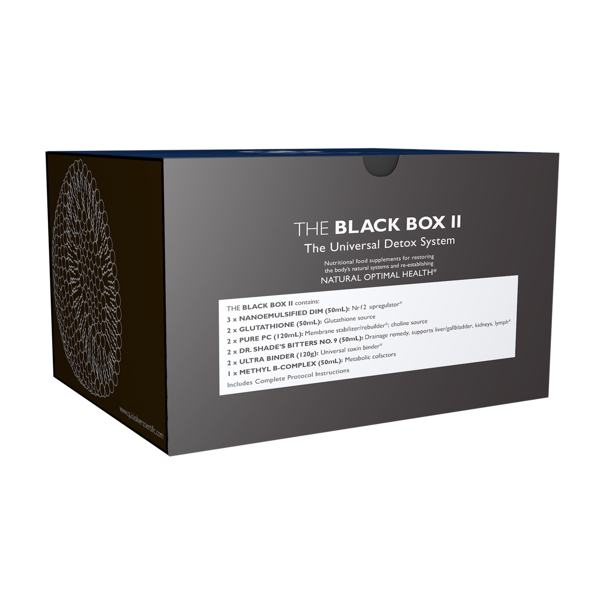 A supplement container of Black Box® II (Protocol) - Universal Detox Kit by Quicksilver