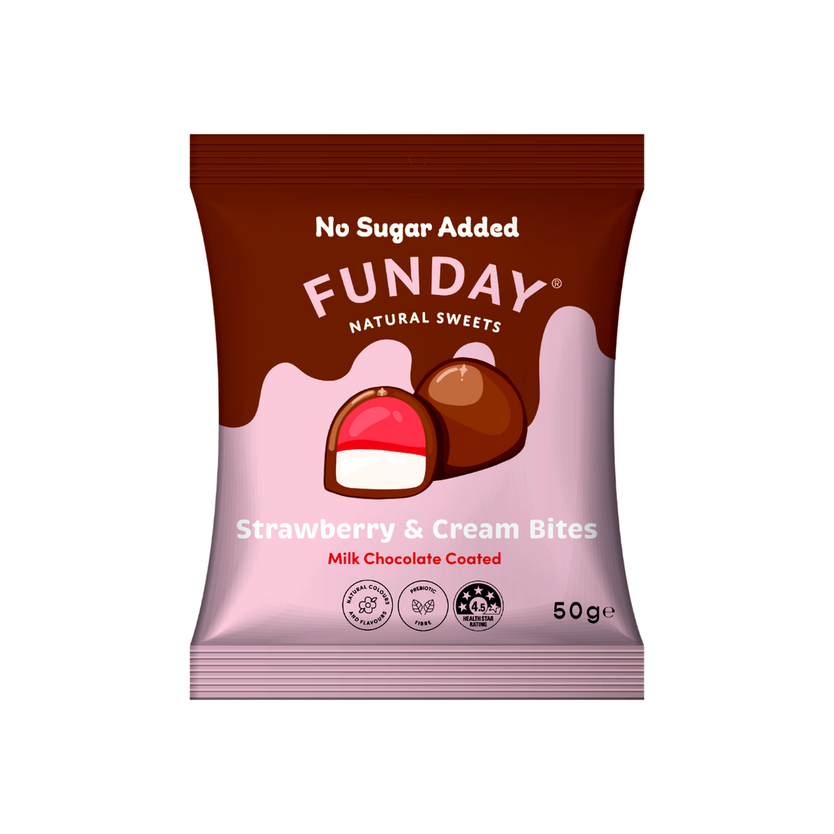 A supplement container of Milk Chocolate Strawberry & Cream Bites by Funday Natural Sweets