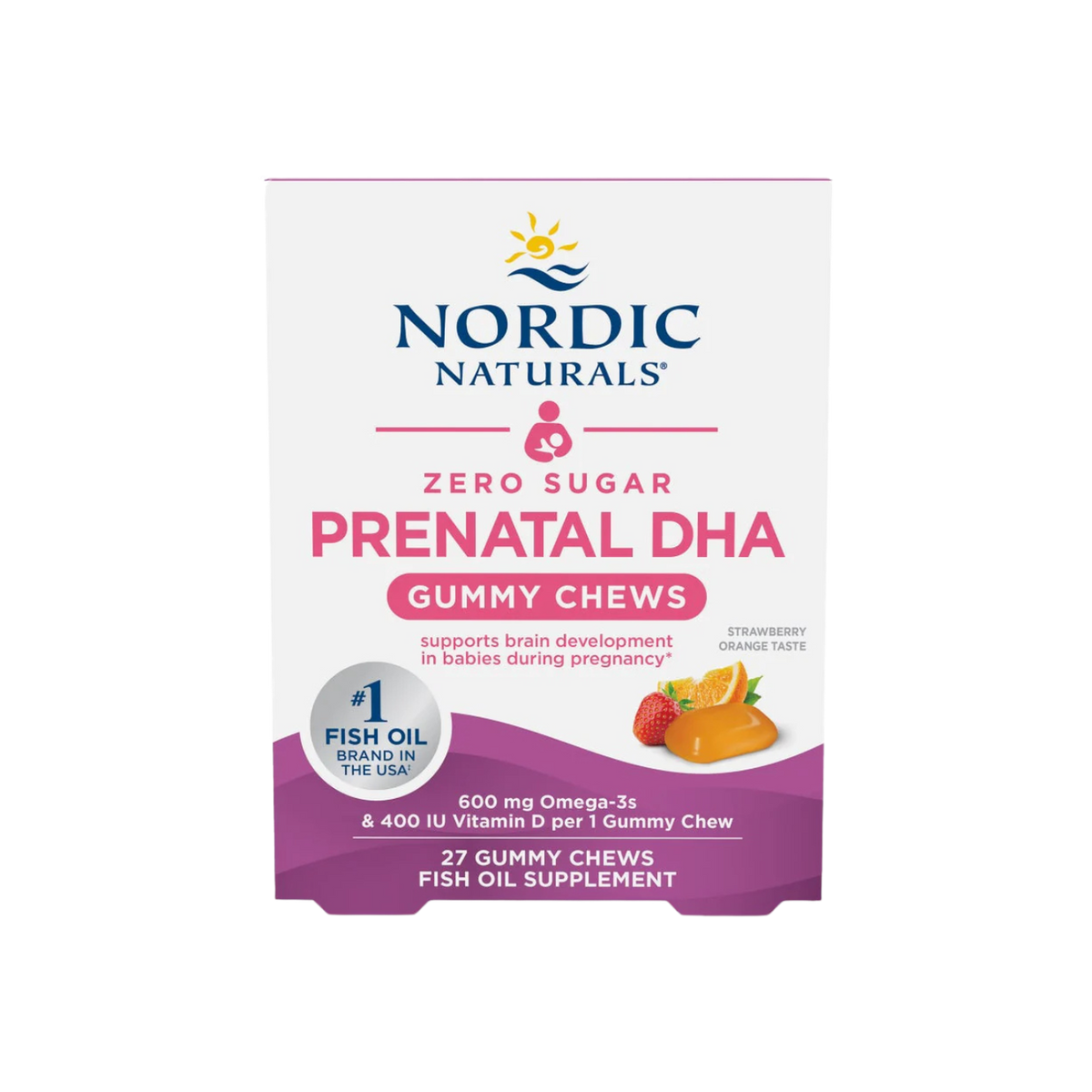 A supplement container of Zero Sugar Prenatal DHA Gummies 27s by Nordic Naturals