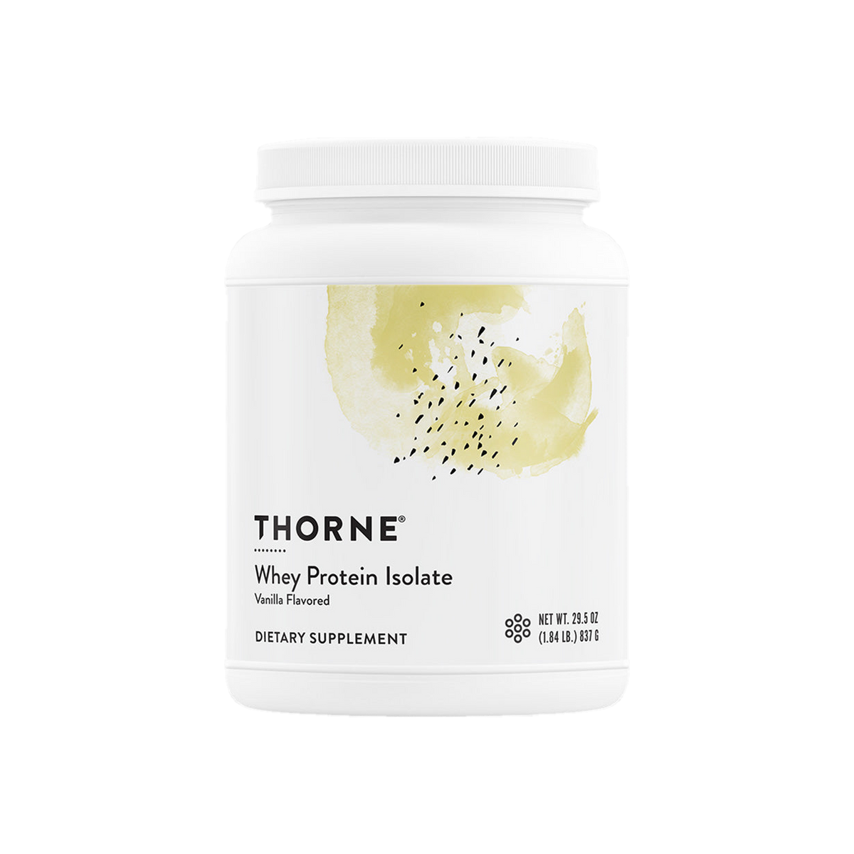 A supplement container of Whey Protein Isolate Vanilla 837g by Thorne Research