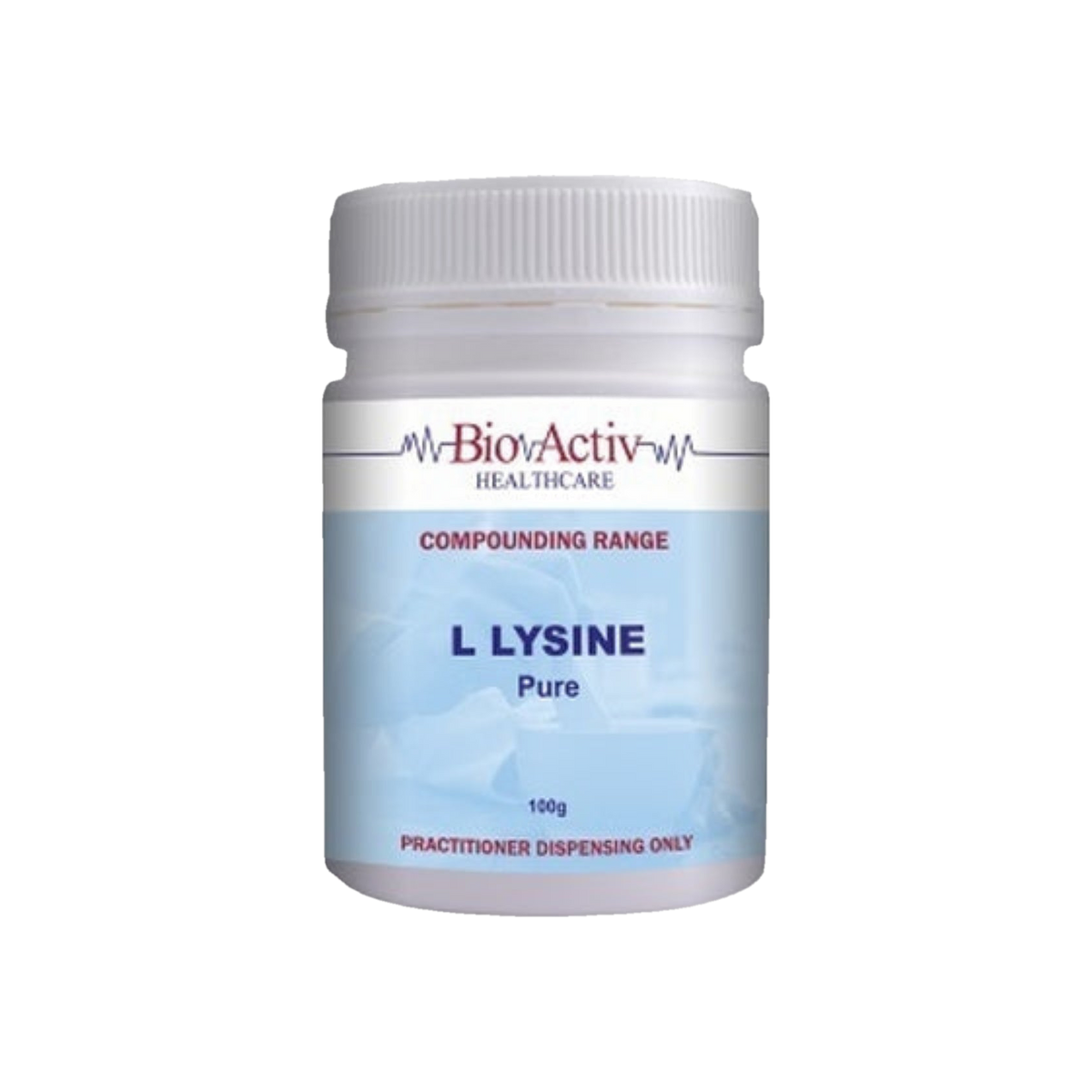 A Supplement container with the name L Lysine Pure by Bio-Activ