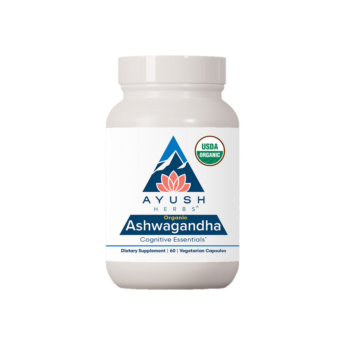 A supplement container of Ashwagandha 60c by Ayush Herbs