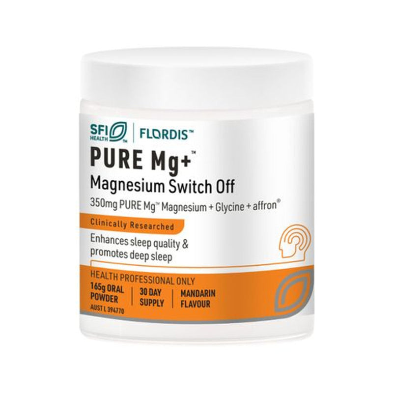 Image of a white supplement bottle thst dsyd SFI Hrslth Pure mg + magnesium switch off 350mg pure mg magnesium +glycine + affron clinically researched enhances sleep quality and romotes deep sleep