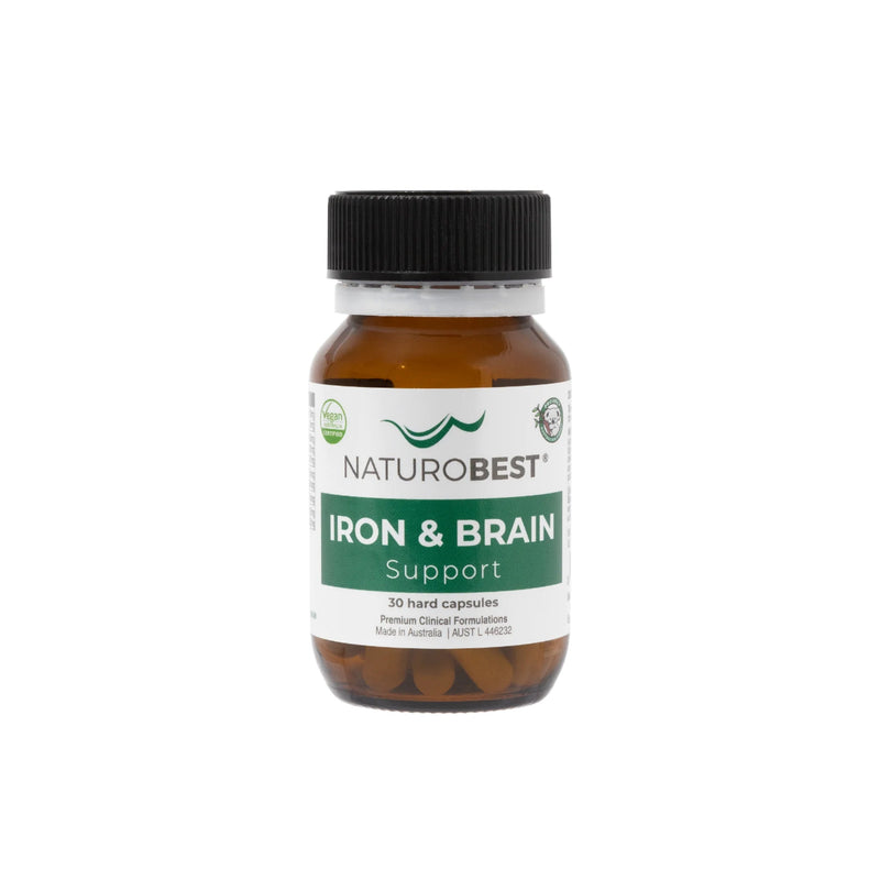 A Supplement container with the name Iron & Brain Support by Naturobest.