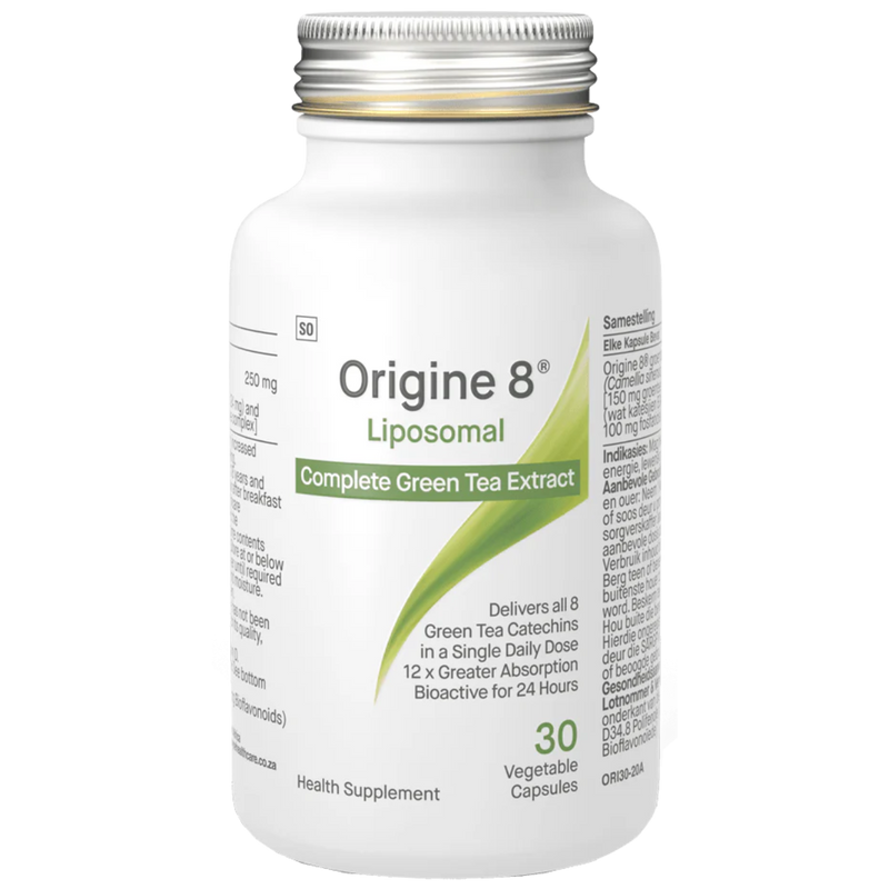 Image of a white bottle that says Origine 8 liposomal complete green tea extract delivers all 8 gren tea catechins in a single daily dose 12x greater absorption bioactive for 24 hours health supplement 30 vegetable capsules