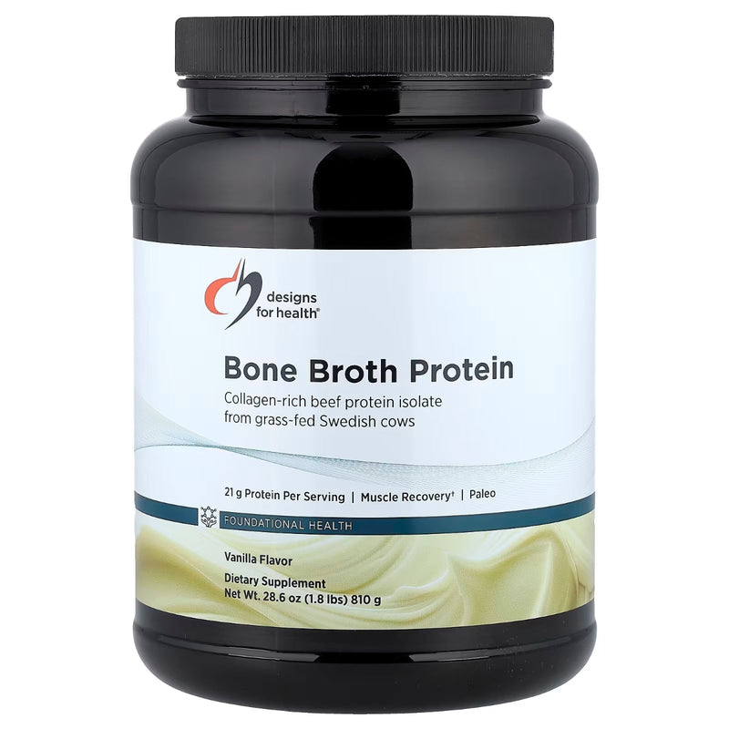 A Supplement container with the name Bone Broth Protein (Vanilla) Designs for Health