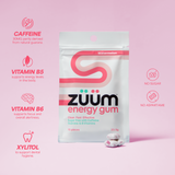 Zuum watermelon flavour benefits. Includes caffeine, vitamin b5, vitamin b6, and xylitol.