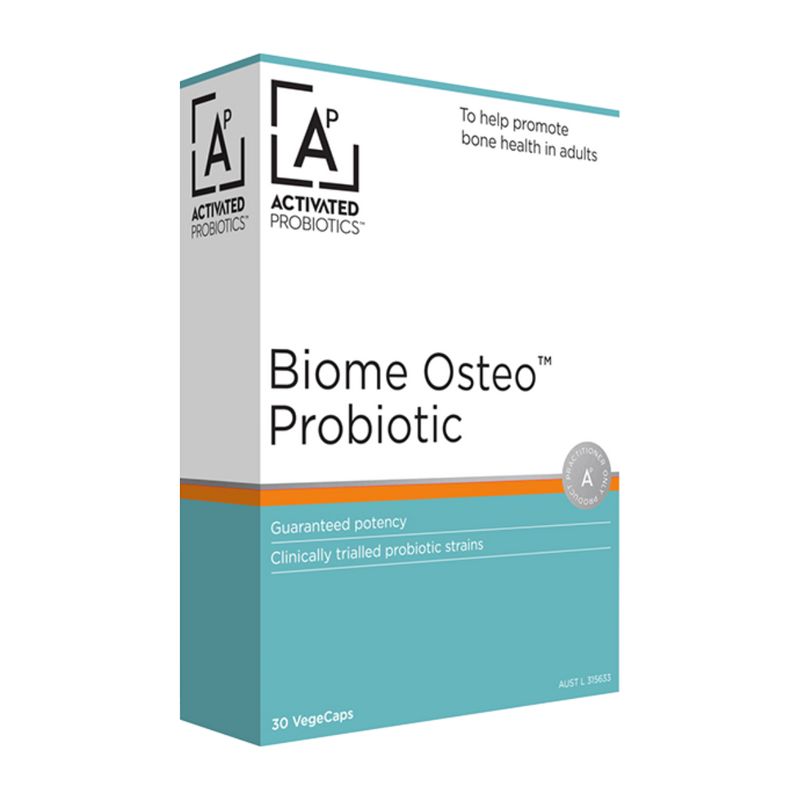 A box of Activated Probiotics probiotics called Biome Osteo. White and light blue box.