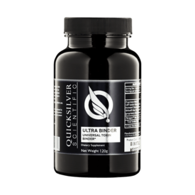 A Supplement container with the name Ultra Binder Universal Toxin Binder powder by Quicksilver