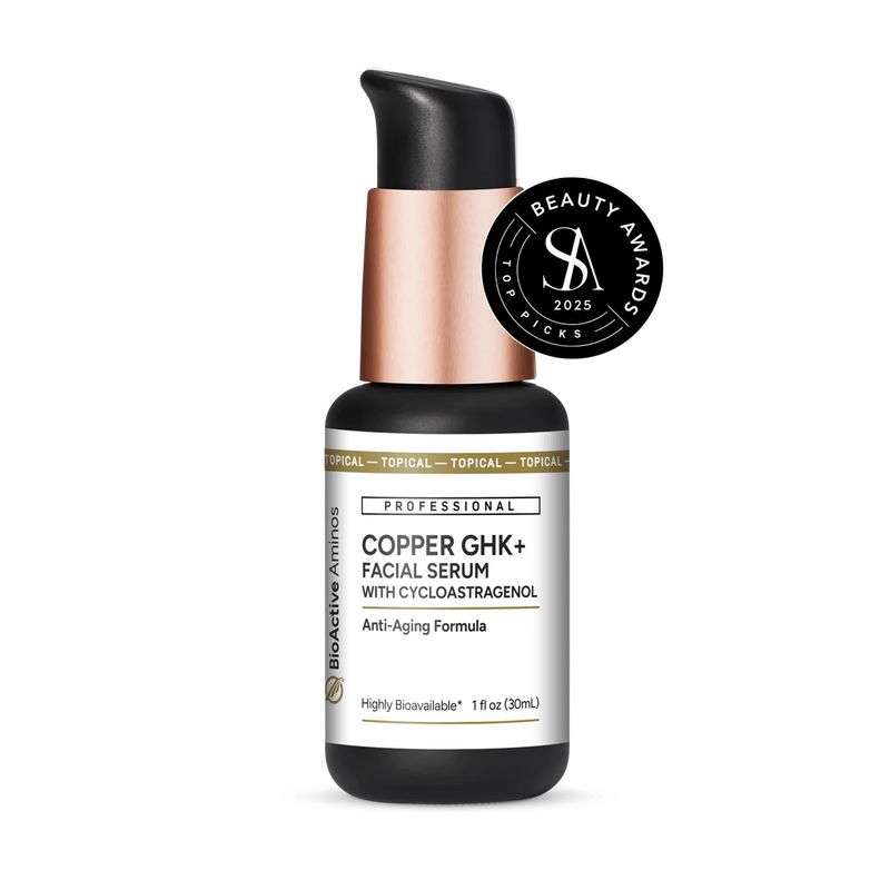 A Topical Supplement bottle with the name Copper GHK + Facial Serum with Cycloastragenol by QuickSilver.