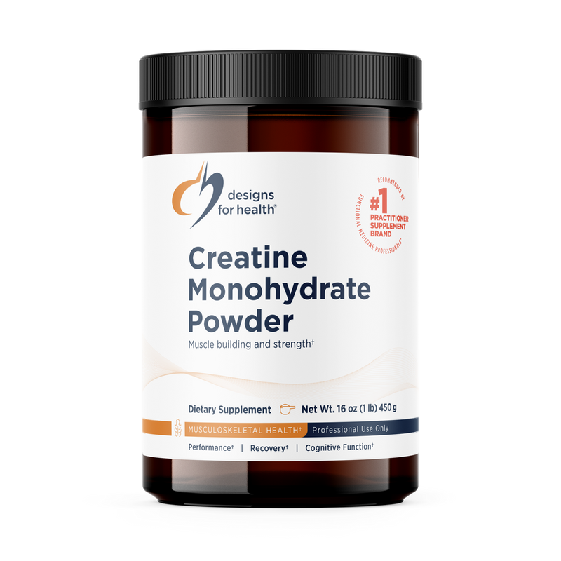 A Supplement container with the name Creatine Monohydrate Powder by Designs for Health.