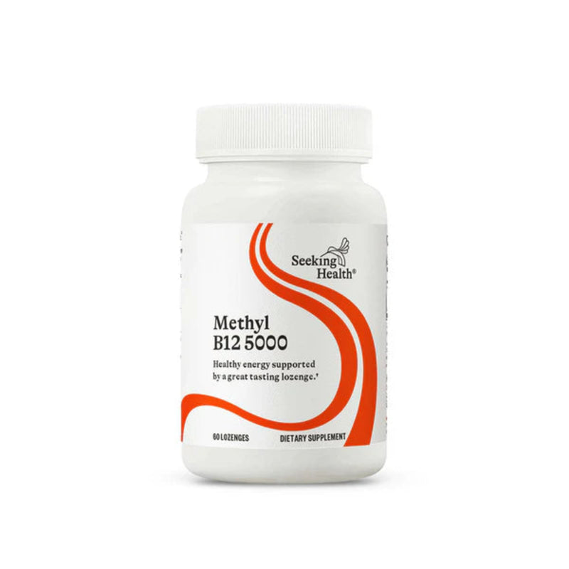 A Supplement container with the name Methyl B12 5000 by Seeking Health.