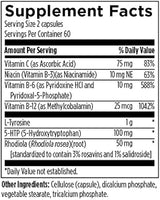 Text describing the ingredients: Vitamin C, B-6, B-12, Niacin, L-Tyrosine, 5-HTP, Rhodiola, cellulose (capsule), dicalcium phosphate, vegetable sterate, tricalcium phosphate