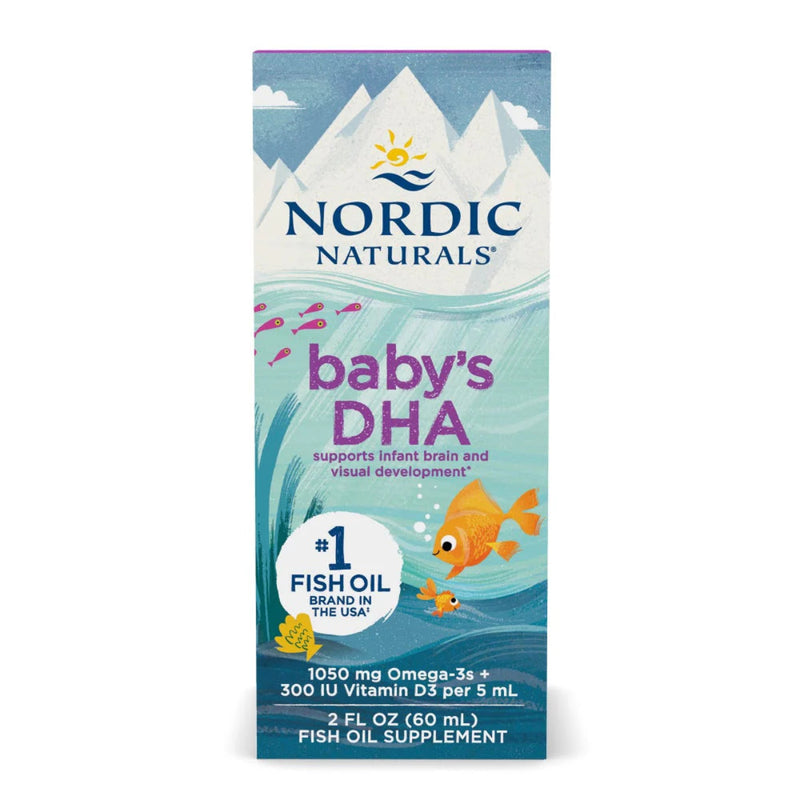A Supplement container with the name Baby's DHA by Nordic Naturals.