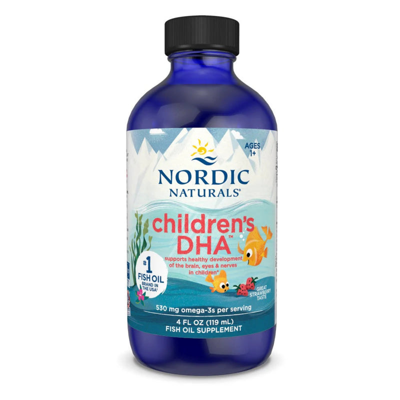 A Supplement bottle with the name  Children's DHA Liquid by Nordic Naturals.
