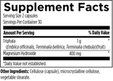 Ingredient list:
Triphala, Embilica officinalis, terminalia bellirica, terminalia chebula, Magnesium Hydroxide, Cellulose (capsule), Microcrystalline cellulose, vegetable stearate