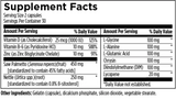 Text listing the ingredients of the supplement including Vitamin D, Vitamin B6, Zinc, Saw Palmetto, Nettle, L Glycine, L Alanine, L Glutamic Acid, Chrysin, Diindolylmethane, Dim, Lycopene, gelatin (capsule), dicalcium phosphate, silicion dioxide, vegetable stearate