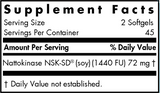 Text listing the ingredients which includes Nattokinase NSK-SD (soy) (1440 FU)