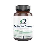 Bottle of Tri-Butyrin Supreme dietary supplement by Designs for Health, with label indicating it is a postbiotic gastrointestinal support formula, containing 60 softgels.