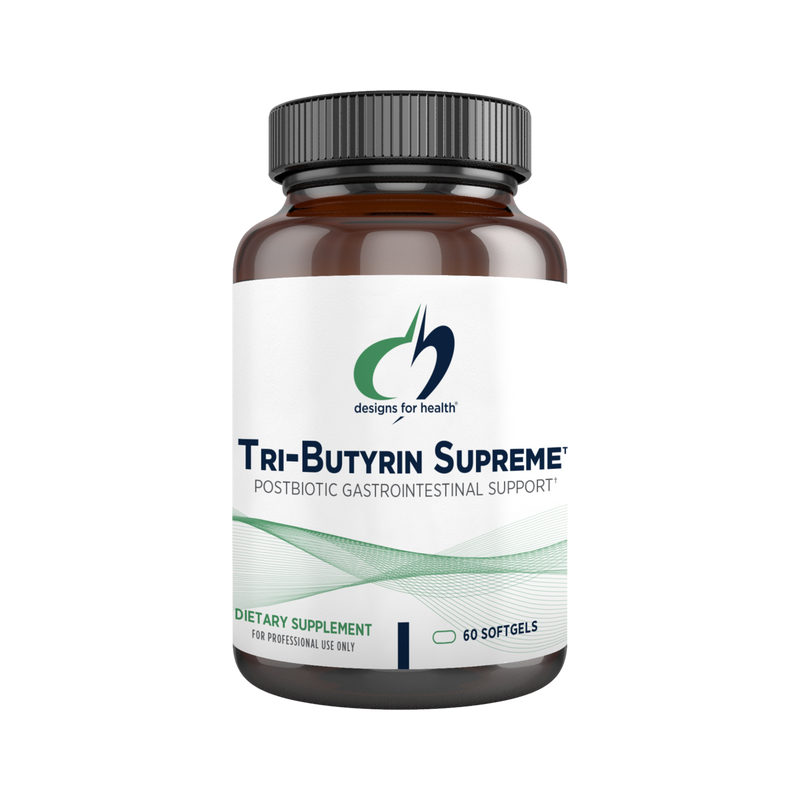 Bottle of Tri-Butyrin Supreme dietary supplement by Designs for Health, with label indicating it is a postbiotic gastrointestinal support formula, containing 60 softgels.