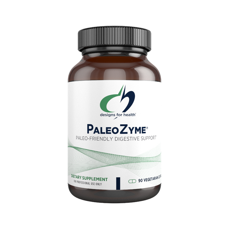 a supplement bottle with the name PaleoZyme by Designs for health