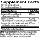 Text describing the ingredients: Activated Charcoal Powder, Zeolite (G-Pur), Organic Chlorella.
Medium chain triglycerides, bovine gelatin, glycerine, beeswax, sunflower lecithin, purified water, annatto (color)