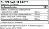 Ingredients including Berberine HCI, Indian Barberry extract, Milk Thistle extract, Silybum marianum, Burdock extract root, Arctium lappa, Chicory extract root, Cichorium intybus.