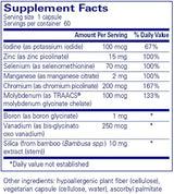 Text describing the ingredients: Iodine, Zinc, Selenium, Manganese, Chromium, Molybdenum, Boron, Vanadium, Silica.