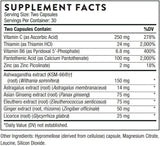 Text describing the ingredients: Vitamin C, Thiamin, Vitamin B6, Pantothenic Acid, Zinc, Ashwagandha extract, Astragalus extract, Asian Ginseng extract, Ginger extract, Licorice.