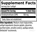 Text describing the ingredients: Diidolylmethane (DIM) 100mg.
Medium chain triglycerides, softgel ingredients (bovine gelatin, glycerine, purified ater, annatto), quillaja extract, deltagold tocotrienols