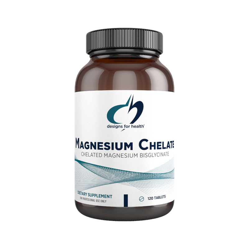 An bottle with the name Magnesium Chelate by Designs for Health 120 Tablets