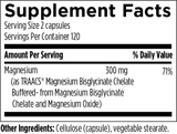Text listing the ingredients including Magnesium, TRAACS, Magnesium bisglycinate, chelate, oxide, cellulose (capsule), vegetable stearate.