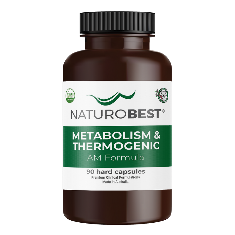 A bottle of a supplement called Metabolism & Thermagenic. White and green label.