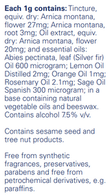 Text listing the ingredients including Arnica montana, ABIES PECTINATA, Lemon oil, Orange oil, Rosemary oil, Sage oil,