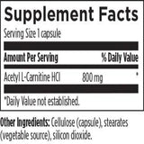 Text describing the ingredients; Acetyl L-Carnitine HCI, cellulose (capsule), stearates (vegetable source), silicon dioxide