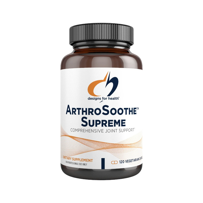 A Supplement container with the name ArthroSoothe Supreme by Designs for Health.