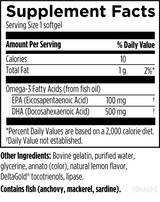 Text listing the ingredients including Omega 3, EPA, DHA, Eicosapentatenoic acid, Docosahexaenic acid, bovin gelatin, purified water, glycerine, annato (color), naural lemon flavour, delta gold tocotrienols, lipase