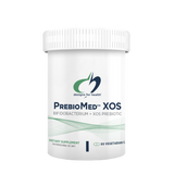 A container of PrebioMed XOS dietary supplement, with the label indicating it is a 'Bifido-Bacterium Probiotic' and 'Vegan'. The container is white with green and blue accents, and it is labeled as 'Dietary Supplement'.