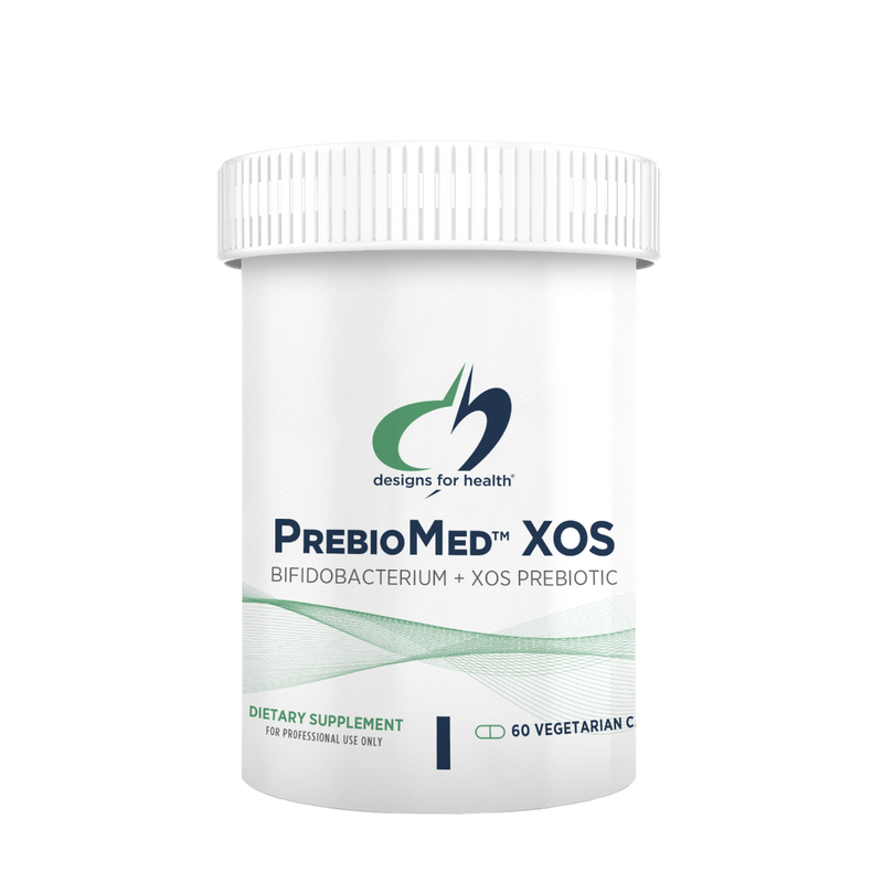 A container of PrebioMed XOS dietary supplement, with the label indicating it is a 'Bifido-Bacterium Probiotic' and 'Vegan'. The container is white with green and blue accents, and it is labeled as 'Dietary Supplement'.