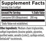 Text listing the ingredients including Coqnzyme q10,  Ubiquinone, medium chain triglycerides, softgel ingredients (bovine gelatin, glycerine, purified water, annatto), quillaja extract, deltagold tocotrienols