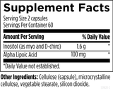 Text describing the ingredients which include Inositol (as myo and D-Chiro) and Alpha Lipoic Acid, cellulose (capsule), microcrystalline cellulose, vegetable stearate, silicon dioxide