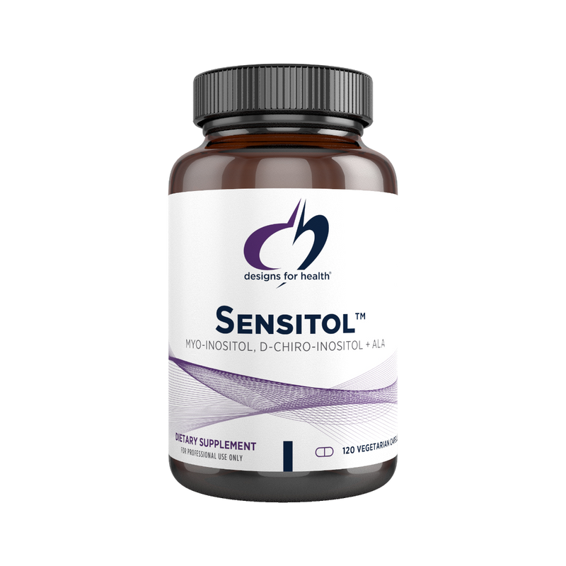 A white bottle that is called designs for health sensitol MYO-INOSITOL, D-CHIRO-INSOITOL + ALA 120 vegetarian caps