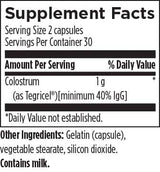 Text listing the ingredients including Colostrum, gelatin (capsules), vegetable stearate, silicion dioxide.